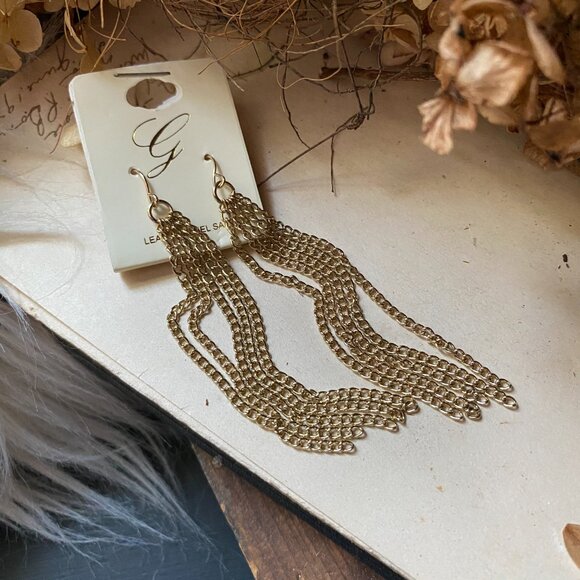 Brand New Chain Fringe Long Gold Tone Earrings - Picture 3 of 5